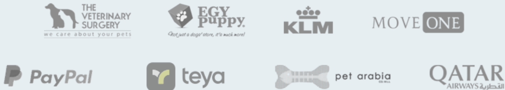 Our trusted partners — The Veterinary Surgery, EgyPuppy, KLM, MoveOne, PayPal, Teya, Pet Arabia, Qatar Airways